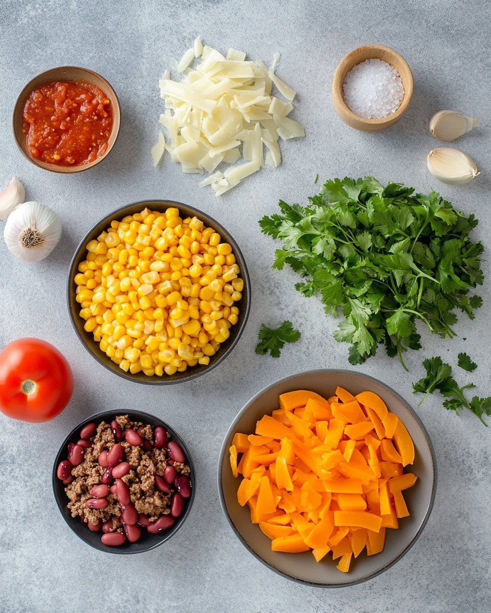 Crockpot Cowboy Casserole Recipe 4 The image shows a black slow cooker filled with a layered dish. At the bottom, there are circular slices of light brown potatoes arranged side by side. Above the potatoes, there is a mixture of cooked ground beef, dark red kidney beans, bright yellow corn, and small pieces of red tomato. On top, a layer of melted yellow and white cheese covers the ingredients, slightly browned in spots. A metal spoon is scooping up a mix of these layers, showing the soft texture and mixed colors of the potatoes, beef, beans, corn, and cheese. The background surface is a white marbled texture. Photo taken with an iphone --ar 4:5 --v 7