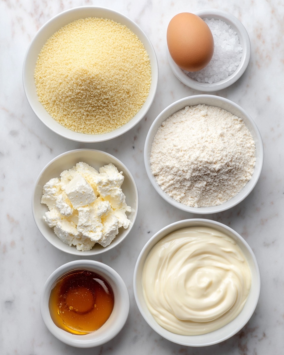 Healthy Cornbread Recipe 4 The image shows six white bowls arranged on a white marbled surface. From the top left, there is a large white bowl filled with fine yellowish breadcrumbs with a grainy texture, next to a small white bowl with coarse white salt crystals and a brown egg nearby. Below, slightly to the left, a medium white bowl holds white flour with a powdery look. To the right, a medium white bowl contains soft white cream cheese with a lumpy texture. In the bottom left corner, a small white bowl contains golden honey with a smooth, syrupy surface, and finally, a medium white bowl filled with thick, creamy white yogurt with a glossy finish. photo taken with an iphone --ar 4:5 --v 7