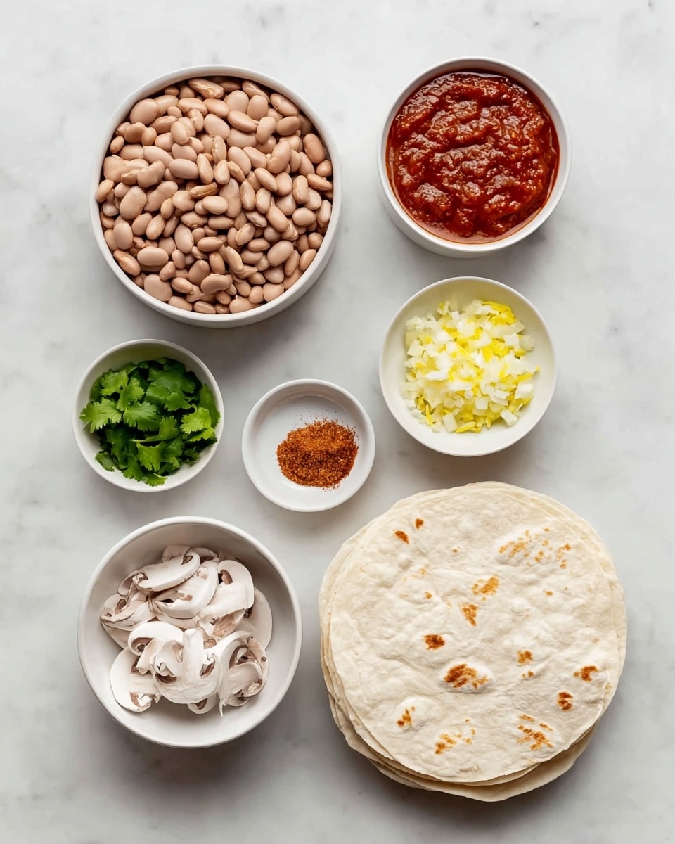 Easy Freezer-Friendly Rice and Bean Burritos Recipe 4 The image shows seven white bowls and a stack of white tortillas arranged on a white marbled surface. The largest bowl at the top left is filled with light brown beans, smooth and shiny. To its right, a slightly smaller bowl holds thick, red tomato sauce with a textured surface. Below that is a bowl with finely chopped yellow and white onions mixed together. Below the beans is a bowl of thinly sliced white mushrooms with soft brown edges. Next to it on the left bottom corner is a small bowl of fresh, leafy green cilantro. In the center bottom, a very small bowl contains reddish-brown chili powder. On the right side, a neatly stacked pile of seven soft, round white tortillas with light brown spots is shown. Everything is shown from above on a clean white marbled surface, photo taken with an iphone --ar 4:5 --v 7