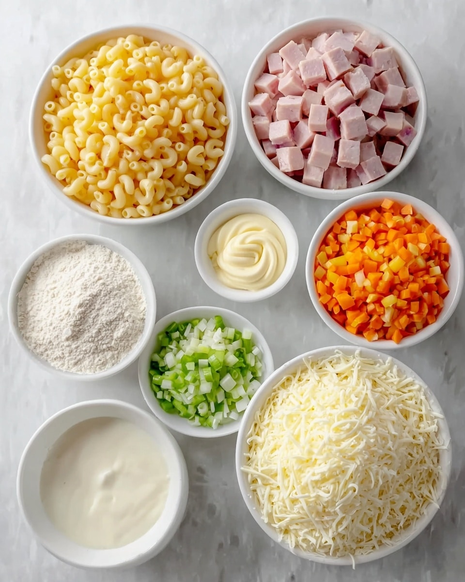 Creamy Ham Mac and Cheese Soup Recipe 4 The image shows seven white bowls arranged on a white marbled surface, each filled with different ingredients. Starting from the top left, there is a bowl filled with fine white flour, next to it a small bowl with creamy pale yellow butter, and a larger bowl with smooth, white liquid cream. Below these, in the center, is a small bowl full of diced bright orange carrots. To the right, a large bowl holds small cubes of light pink ham. Below the ham is a bowl filled with generously shredded pale yellow cheese, and to the left of this cheese is a small bowl containing finely chopped celery and onions with a mix of white and green colors. Lastly, at the bottom left, a large bowl is filled with cooked elbow macaroni pasta, showing a smooth, pale yellow texture. Photo taken with an iphone --ar 4:5 --v 7