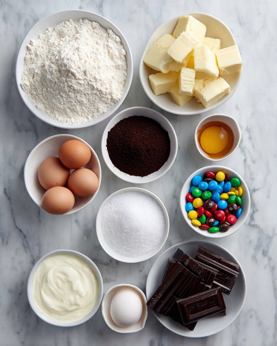 Brown Butter M&M Cookie Bars Recipe 4 The image shows nine small white bowls and three brown eggs arranged neatly on a white marbled surface. Starting from the top left, there is a bowl filled with chunks of pale yellow butter. Next to it on the right is a small bowl with light brown liquid, likely vanilla extract. To the right of that is a bowl filled with very dark brown coffee or cocoa powder. Below the butter bowl is a bowl with white cream or milk. Just to the right is a bowl with white flaky substance, showing a rough texture, possibly coconut flakes. Beneath it is a small bowl containing fine white granulated sugar. To the right of the sugar are three brown eggs lined up vertically. Below the eggs is a bowl filled with colorful M&M candies. Next to that on the left is a bowl holding dark chocolate squares stacked loosely. The largest bowl on the bottom left contains white flour with a powdery texture. All items are clear, distinct, and arranged symmetrically. photo taken with an iphone --ar 4:5 --v 7