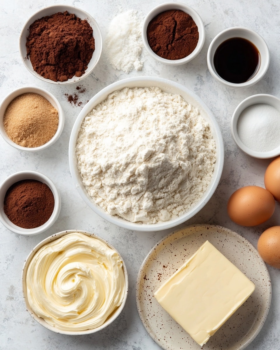 Gingerbread Cake with Caramel and Cream Cheese Frosting Recipe 4 The image shows various baking ingredients arranged neatly on a white marbled surface. At the center is a white plate piled high with white flour, with a coarse texture including some small lumps. Surrounding it are small white bowls containing different powders and pastes: deep brown cocoa powder with a fine texture, light brown ground cinnamon with a smooth finish, fine white sugar, and a creamy, off-white soft butter or cream with swirled peaks. There is a second plate with two cubes of pale yellow solid butter that look smooth and soft. Three brown eggs with a smooth shell are placed naturally near the bowls, and a dark, syrupy liquid, possibly vanilla extract or molasses, is held in another small white bowl. The colors range from white, brown to creamy yellow, all contrasting gently against the white marbled surface photo taken with an iphone --ar 4:5 --v 7