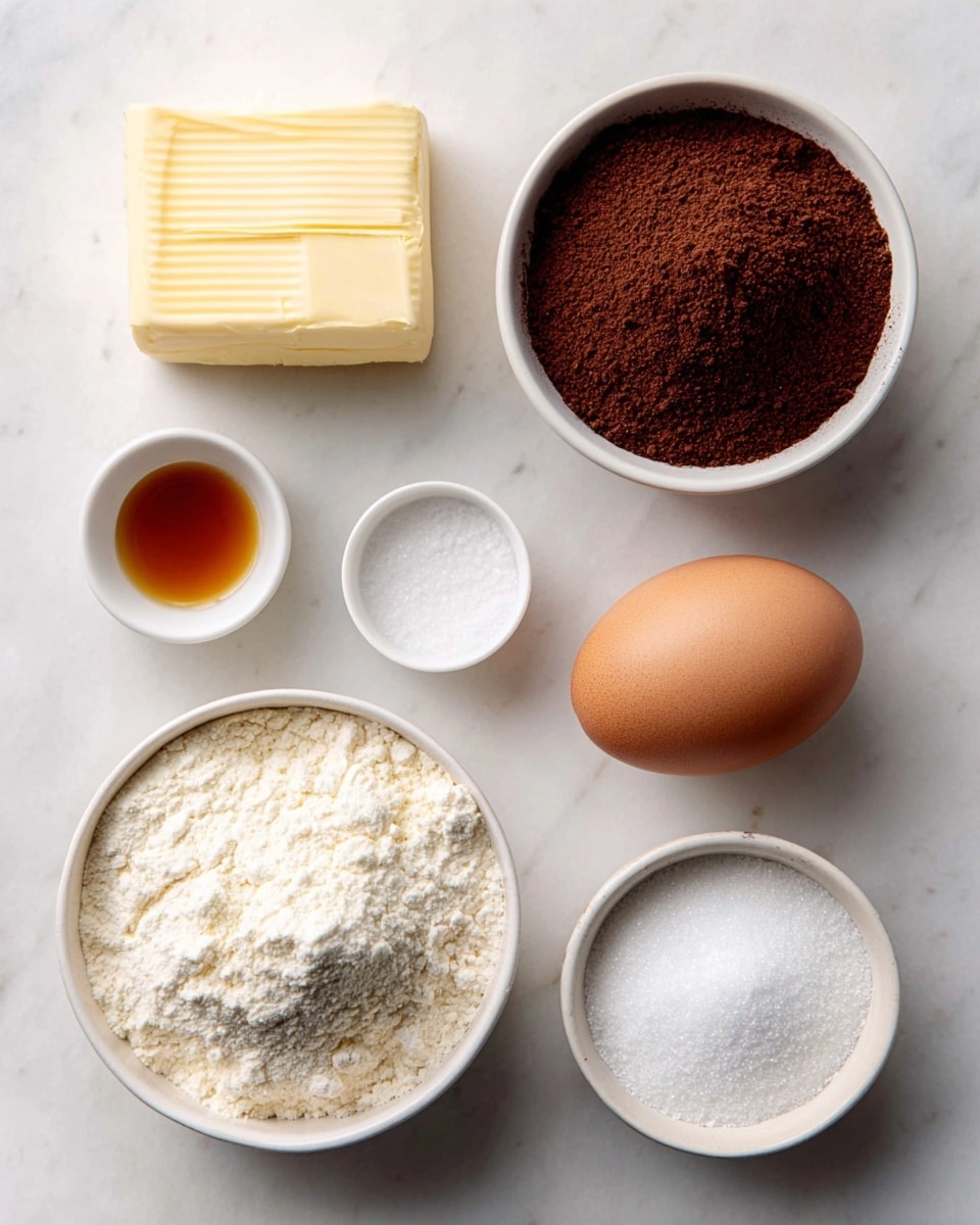 Vanilla Eggnog Cookies with Spiced Vanilla Icing Recipe 4 The image shows six baking ingredients carefully arranged on a white marbled surface. At the top left, there is a pale yellow block of butter with smooth edges. Next to it on the right is a white bowl filled with a dark brown powder. Below the butter is a single brown egg with a smooth shell. To the right of the egg is a small white bowl containing a small amount of amber liquid. Below the egg and liquid, there is a larger white bowl filled with white flour with a soft, powdery texture. To the right of the flour, there are two white bowls stacked vertically, with the top one filled with light beige sugar crystals and the bottom one holding fine white salt. The scene is bright and neatly organized, with each ingredient visible in clear detail. photo taken with an iphone --ar 4:5 --v 7