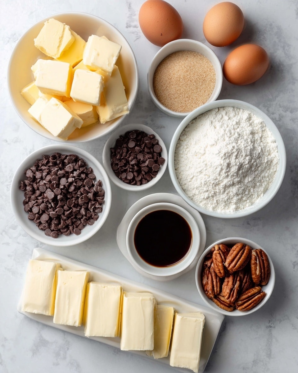 Mini Turtle Cheesecake Bites Recipe 4 The image shows nine white bowls and plates arranged on a white marbled surface, each holding a different baking ingredient. Starting from the top left, a bowl filled with small, pale yellow butter cubes; nearby to the right is a small clear bowl with light brown sugar, followed by three brown eggs sitting directly on the surface. Below the butter is a bowl of white flour with a smooth texture, a smaller bowl filled with small, dark chocolate chips, and a dark brown liquid in another white bowl next to them. Beneath these are a small bowl of medium brown pecans, and toward the bottom right a white plate with three sticks of pale creamy butter lined up neatly. The lighting highlights the smooth and varied textures of the ingredients clearly in a simple, clean setting photo taken with an iphone --ar 4:5 --v 7