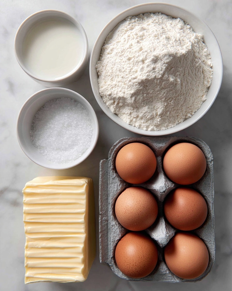 Creamy Homemade Vanilla Pudding Recipe 4 The image shows six brown eggs in a gray egg carton on the right side, with a white plate holding a thick square of pale yellow butter below a white bowl filled with white flour. Next to the flour, there is a white bowl of cream or milk at the top left corner, and a small white bowl filled with coarse white salt is positioned below the butter. All items are placed on a surface with a white marbled texture. photo taken with an iphone --ar 4:5 --v 7