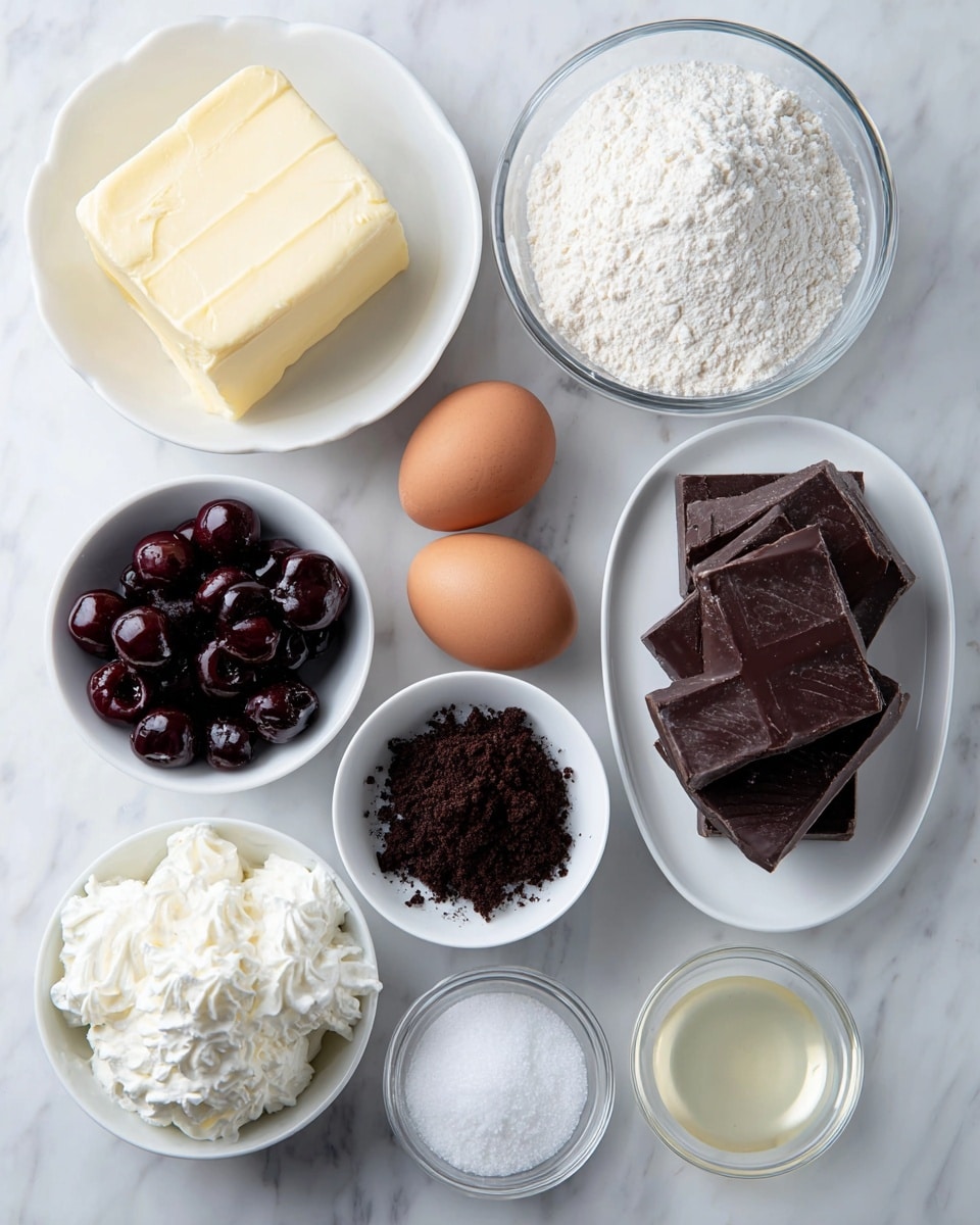 Black Forest Cheesecake with Cherry Topping Recipe 4 The image shows eight white dishes arranged neatly on a white marbled surface, each holding a different baking ingredient. In the top left, there is a round white bowl with a large block of butter, smooth and pale yellow. To the right is a clear glass bowl filled with fine white flour. Below the flour, two light brown eggs rest directly on the surface. Next to the eggs, a white bowl holds soft, whipped cream with a swirled texture. Below the cream, a round white bowl contains a light yellow liquid, likely oil. To the left of the yellow liquid, a white bowl is filled with dark, finely crushed cookie crumbs. Below the crumbs, a small white bowl contains dark, glossy cherries. Near the bottom center, a tiny white bowl holds a small amount of white salt. On the right side, a small white oval plate carries several pieces of dark chocolate bars stacked on top of each other. The overall look is clean and organized with soft natural light. photo taken with an iphone --ar 4:5 --v 7