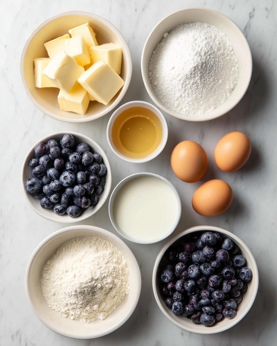 Blueberry Biscuits with Honey Butter Recipe 4 The image shows seven small white bowls and two brown eggs arranged neatly on a white marbled surface. Starting from the top left, one bowl holds several neatly stacked pale yellow butter cubes. To its right is a bowl filled with fine white powdered sugar. Below the butter is a bowl with dark blue, plump blueberries, and next to it is a tiny bowl containing a light golden liquid, likely vanilla extract. To the right of the golden liquid is a small bowl with white milk. Two brown eggs are placed side by side next to the milk. Below the bowl of blueberries is a large white bowl filled with white flour. To the right of the flour bowl is another bowl filled with more dark blue blueberries, completing the set. All elements rest on a white marbled background, arranged clearly and evenly. photo taken with an iphone --ar 4:5 --v 7