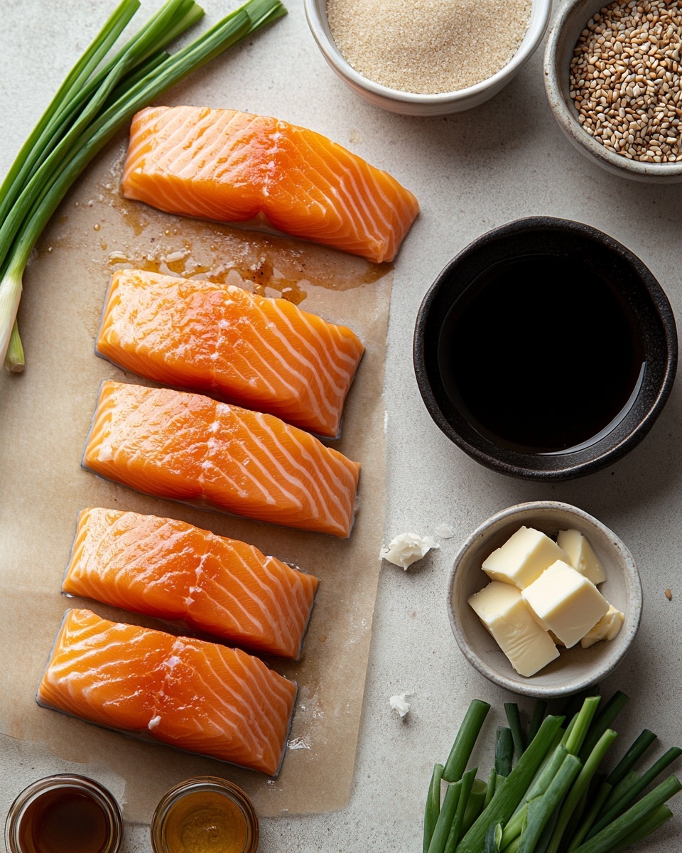 Honey Garlic Salmon Bites Recipe 4 The image shows several small, shiny orange-brown cubes of cooked food placed on a white plate with a black rim, resting on a white marbled surface. The cubes have a caramelized texture with a sticky glaze visible on each piece. There are small bits of sesame seeds and chopped green onions scattered over the cubes and the plate. The background is softly blurred with hints of garlic cloves and a bulb of garlic, adding a rustic touch. The lighting highlights the gloss and rich color of the glazed cubes, making them look savory and fresh. Photo taken with an iphone --ar 4:5 --v 7