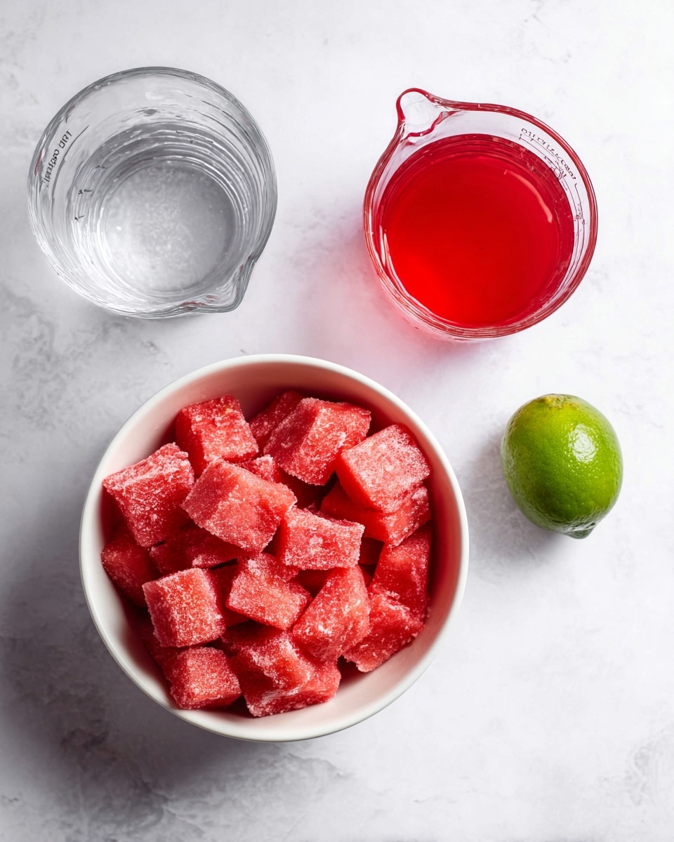 Refreshing 5-Minute Watermelon Sorbet Recipe 4 A white bowl filled with many small, bright red frozen fruit cubes sits on a white marbled surface. Above it, there is a clear glass measuring cup with clear water inside, and to the right, another clear glass measuring cup contains a bright red liquid. Below and to the right of these, a single whole green lime rests on the white marbled surface. The overall arrangement is neat and shows a fresh, vibrant color contrast. photo taken with an iphone --ar 4:5 --v 7