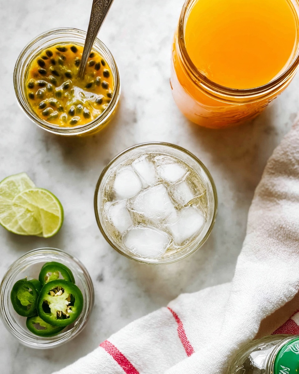 Spicy Passion Fruit Margarita Recipe 4 The image shows a clear glass filled with large ice cubes placed near the center of a white marbled surface. To the right of the glass is a partially visible bottle of golden liquid lying on its side. Above the glass, there is a jar filled with bright orange-yellow juice. To the left, there is a small glass bowl filled with passion fruit pulp, showing its yellow seeds, and a silver spoon resting inside it. Nearby, three thin slices of green jalapeño and two lime wedges with a bright green skin and pale yellow-green flesh are arranged casually. A white cloth with subtle red stripes is softly draped in the upper left corner. The photo taken with an iphone --ar 4:5 --v 7