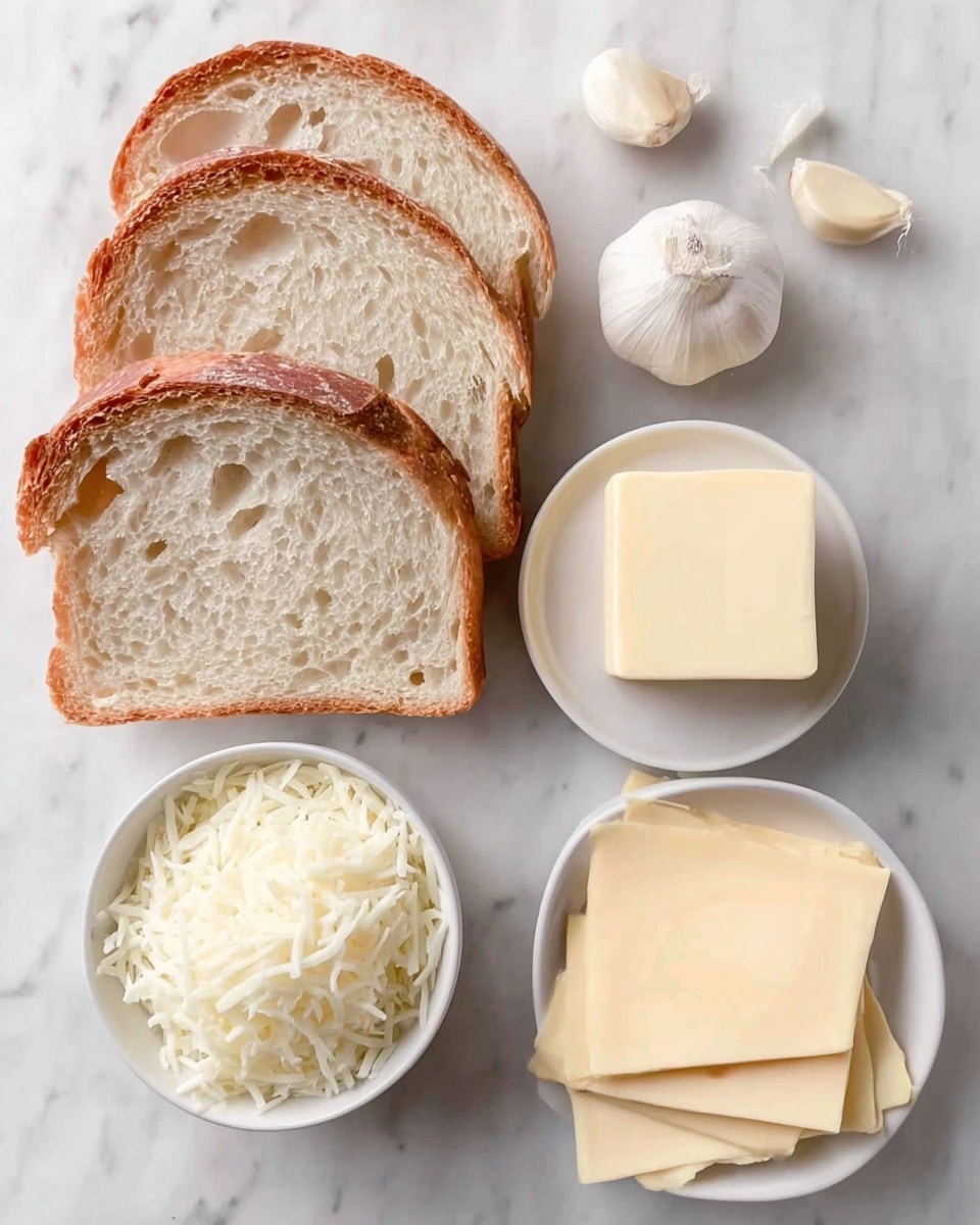 Cheesy Garlic Sourdough Grilled Cheese Recipe 4 The image shows three slices of crusty bread with a golden brown crust and a soft, light interior, arranged stacked on a white marbled surface. To the right, there is a small white bowl holding two rectangular sticks of pale yellow butter. Below the butter, several garlic cloves sit directly on the white marbled surface, including one whole head partially peeled. At the bottom left, a white bowl is filled with finely shredded white cheese. Next to it, on the right side, there is a neat stack of square slices of pale yellow cheese placed on the white marbled surface. Photo taken with an iphone --ar 4:5 --v 7