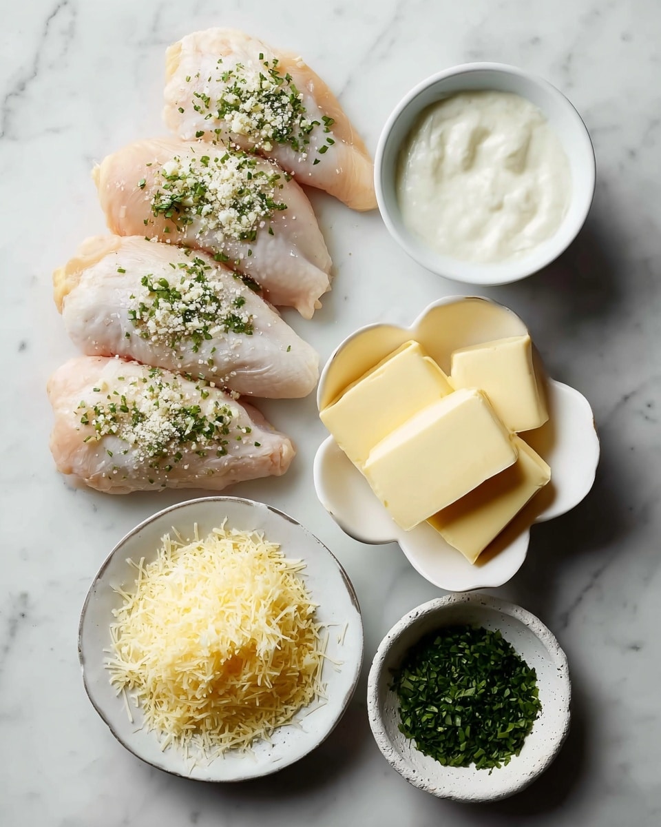 Baked Parmesan Ritz Chicken Recipe 4 The image shows four raw chicken pieces laid out vertically on a white marbled surface, each sprinkled with small bits of green herbs and white seasoning. To the right, there are three small white bowls placed in a column: the top one holds a creamy white mixture, the middle one contains a pile of shredded cheese mixed with some yellow crumbs, and the bottom one has chopped green herbs. To the left of the chicken, a small white plate holds six rectangular blocks of pale yellow butter stacked unevenly. photo taken with an iphone --ar 4:5 --v 7