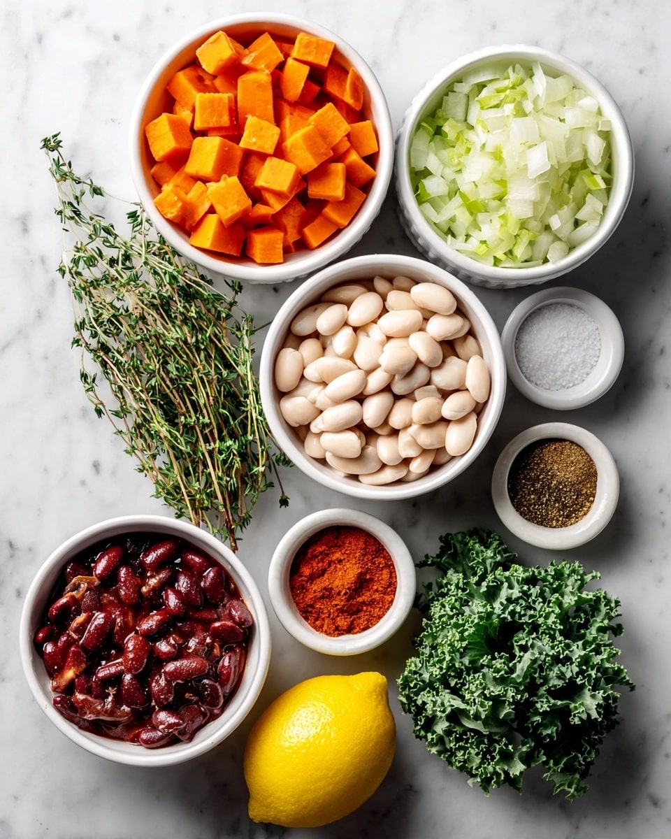 Spicy White Bean and Harissa Stew with Kale and Feta Recipe 4 The image shows an overhead view of several white bowls placed on a white marbled surface. Starting from the top left, there is a bowl filled with bright orange diced carrots. Next to it, on the right, a bowl contains chopped white and pale green onions. Below the onions, a small bowl holds mixed dry spices in brown and green tones. To the left of that, a larger bowl is filled with plump white beans. Below the white beans, another bowl holds dark red kidney beans cooked with tomatoes. Near the center bottom, a tiny white bowl contains coarse white salt, and next to it a small bowl holds bright red chili powder. On the bottom right, a bowl is filled with fresh dark green curly kale. Finally, a whole yellow lemon is placed between the kale and the beans. A few sprigs of fresh thyme with green leaves lie between the carrot and kidney bean bowls. The photo has a fresh, clean look and is taken with an iphone --ar 4:5 --v 7