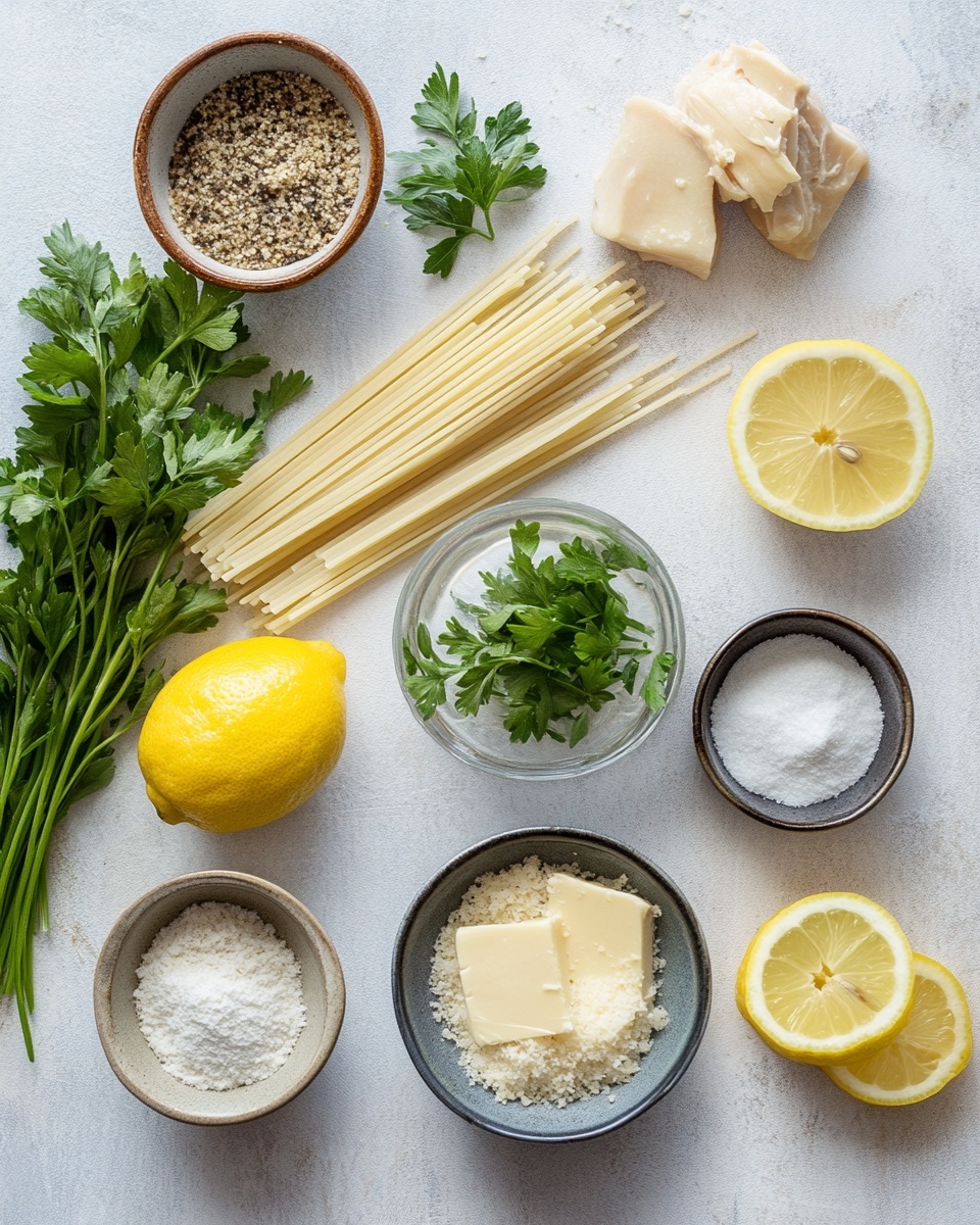 Chicken Piccata Pasta Recipe 4 In a silver pan placed on a white marbled surface, there is a creamy pasta dish made with curly rotini pasta and small cooked slices of light brown chicken pieces, mixed well with a creamy white sauce. Scattered throughout the dish are small green capers and finely chopped green herbs, adding texture and color. The top and edges of the pan are decorated with bright yellow lemon slices, enhancing the fresh look of the dish. The pasta has a shiny, smooth texture, and the chicken pieces are tender and coated with sauce. Photo taken with an iphone --ar 4:5 --v 7