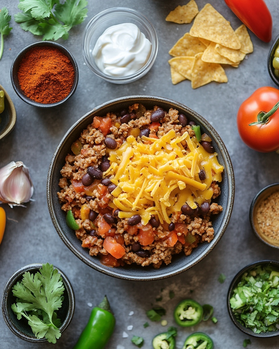 High Protein Creamy Taco Soup Recipe 4 A close-up of a thick creamy stew served in a deep white bowl with a black outer edge, filled with visible layers of chunky yellow corn, black beans, red tomato pieces, and crumbled cooked meat in a light orange creamy sauce, topped with a small sprig of fresh green cilantro in the center; the bowl is placed on a dark surface with part of a yellow tortilla chip visible in the blurred background. photo taken with an iphone --ar 4:5 --v 7
