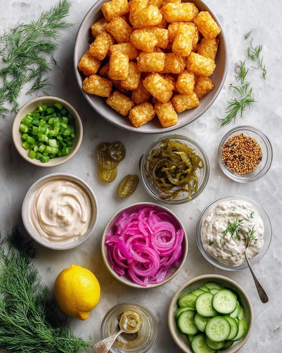 Smashed Tater Tot Salad with Dill Pickle Yogurt Dressing Recipe 4 A round light beige bowl sits near the top left, filled with golden-brown crispy tater tots stacked in two layers, showing a crunchy texture. Surrounding it are several smaller bowls: a white bowl at the bottom left with thick cucumber slices green on the outside and pale inside, a light brown bowl to the bottom right holding bright pink pickled onions sliced thinly, and another light brown bowl above it filled with pale purple sliced red onions. Next to these is a clear small bowl with finely chopped light green jalapeño peppers, and a light brown bowl with whole green pickles that have a bumpy texture near the bottom center. In the center there is a light brown bowl filled with white creamy sauce speckled lightly with herbs, with another small light brown bowl nearby containing yellow mayonnaise. Close to the pickles is a tiny light brown bowl with red chili powder, and a tiny dark beige bowl with dark green chopped pickles and a small silver spoon. A small glass of golden honey is visible near the pickles. On the right side of the image lies a bunch of fresh bright green dill, and above it is a halved lemon showing its light yellow inside. The whole setup is arranged neatly on a white marbled surface photo taken with an iphone --ar 4:5 --v 7