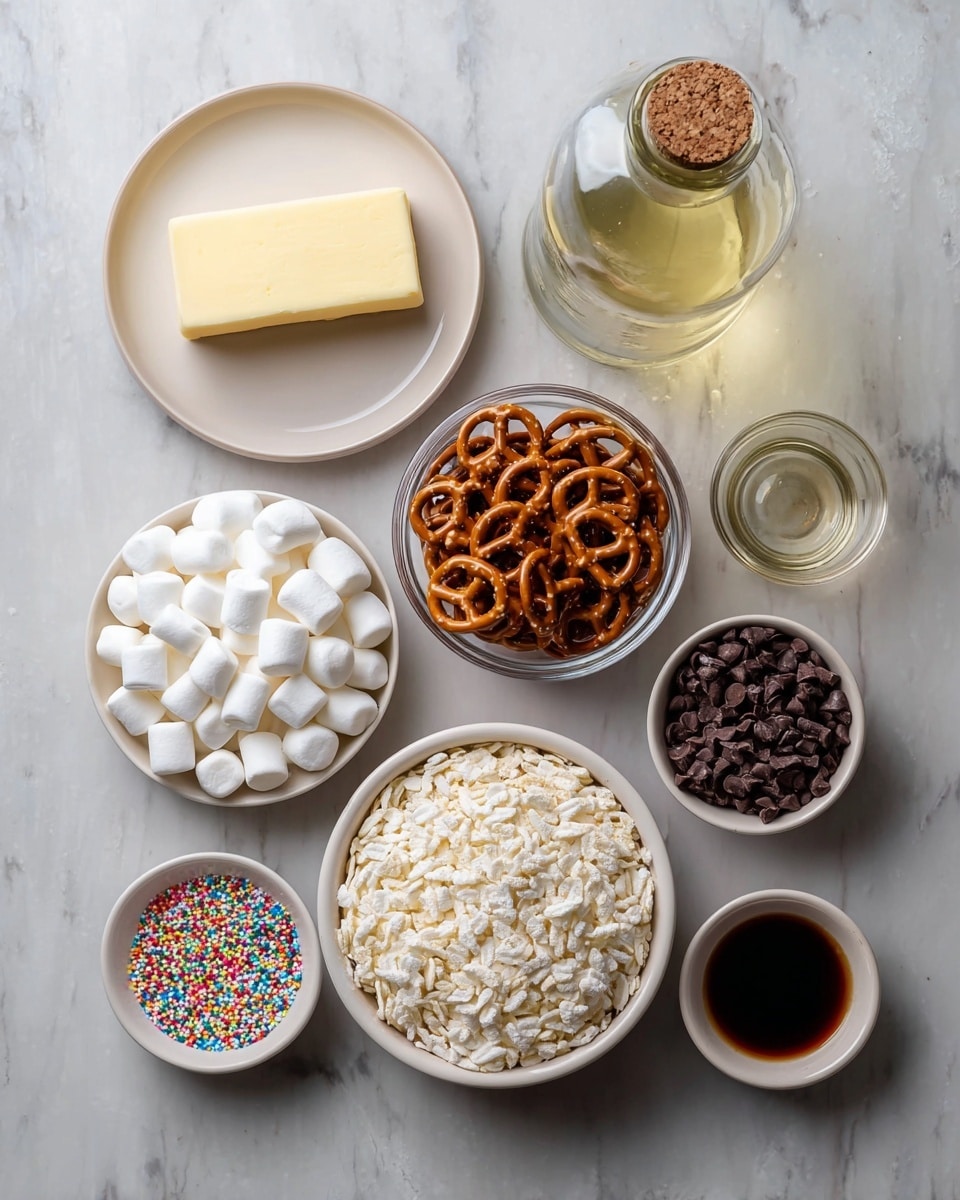 Brown Butter Chocolate Pretzel Rice Crispy Treats Recipe 4 The image shows seven ingredients arranged neatly on a light surface with white marbled texture. At the top left, a smooth block of pale yellow butter sits on a white round plate. Next to it on the right, there is a clear glass bottle with a cork filled with golden oil. Below the butter, a white bowl holds many small, fluffy white marshmallows. To the right of the marshmallows, a small clear glass bowl is filled with shiny, brown mini pretzels. Below the marshmallows, there is a small round bowl filled with dark brown chocolate chips that have a slightly glossy texture. To the right of the chocolate chips, a larger bowl holds white puffed rice cereal sticks piled loosely. At the bottom left, a small white bowl contains colorful round sprinkles in red, green, white, blue, and yellow. Finally, at the bottom right, a small bowl contains dark liquid, likely vanilla extract. All items are arranged pleasingly with soft, natural light highlighting their textures. photo taken with an iphone --ar 4:5 --v 7