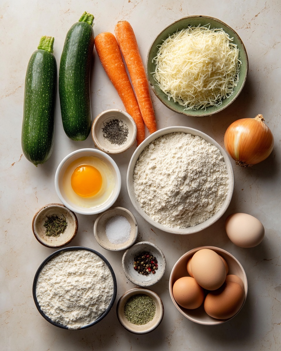 Italian Vegetable Schiacciata Recipe 4 The image shows an overhead view of various cooking ingredients arranged neatly on a white marbled surface. There are two whole green zucchinis on the left, two whole carrots below them, and a whole onion on the right. A small white bowl holds a single raw egg yolk near the center left, while a larger white bowl contains a mound of white flour on the right. Three eggs rest in a white oval bowl at the lower right. Small bowls hold shredded white cheese, grated cheese, salt, herbs, and black peppercorns scattered around the main ingredients. All items are laid out clearly, showing a variety of textures like the smoothness of the eggs, the roughness of the vegetables, and the powdery flour. photo taken with an iphone --ar 4:5 --v 7