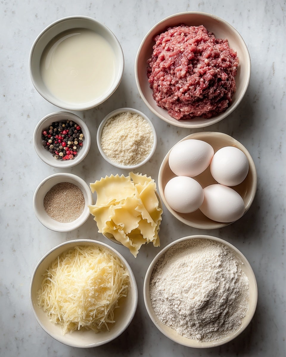 Meat Lovers Quiche Recipe 4 The image shows an top-down view of various cooking ingredients arranged neatly on a white marbled surface. There are nine small rustic bowls, each with different items: one bowl has a pile of white flour with a slightly powdery texture; another holds raw ground meat with a reddish color and a coarse texture; a bowl with three smooth white eggs; another bowl contains several peeled hard-boiled eggs with a shiny, soft surface; a small bowl filled with a mix of black and red peppercorns; a bowl has light beige powder seasoning; one bowl contains folded sheets of pale yellow pasta with ruffled edges; one bowl has a pile of shredded pale yellow cheese with thin, soft strands; and a small jar filled with a creamy white liquid. Another larger bowl holds a white liquid with a smooth surface. All bowls are ceramic with a speckled design, and the overall look is clean and organized. photo taken with an iphone --ar 4:5 --v 7