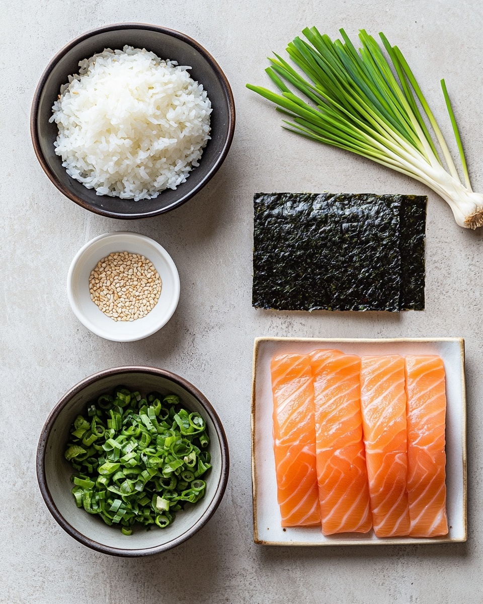 Spicy Salmon Sushi Bake Recipe 4 The dish shows eight square pieces of sushi placed close together on a wooden board. Each piece has a bottom layer of white sticky rice with a smooth texture. Above the rice is a thick, pink salmon layer that looks soft and fresh. On top of the salmon, there are small clusters of bright orange fish eggs, finely chopped green herbs, and sesame seeds scattered. A dark brown sauce is drizzled over the sushi pieces and the wooden board, adding shine and contrast. In the background, there are two small white bowls, one with a dark soy sauce and the other with red pepper flakes. The whole setup is on a white marbled surface, giving a clean and fresh look. Photo taken with an iphone --ar 4:5 --v 7