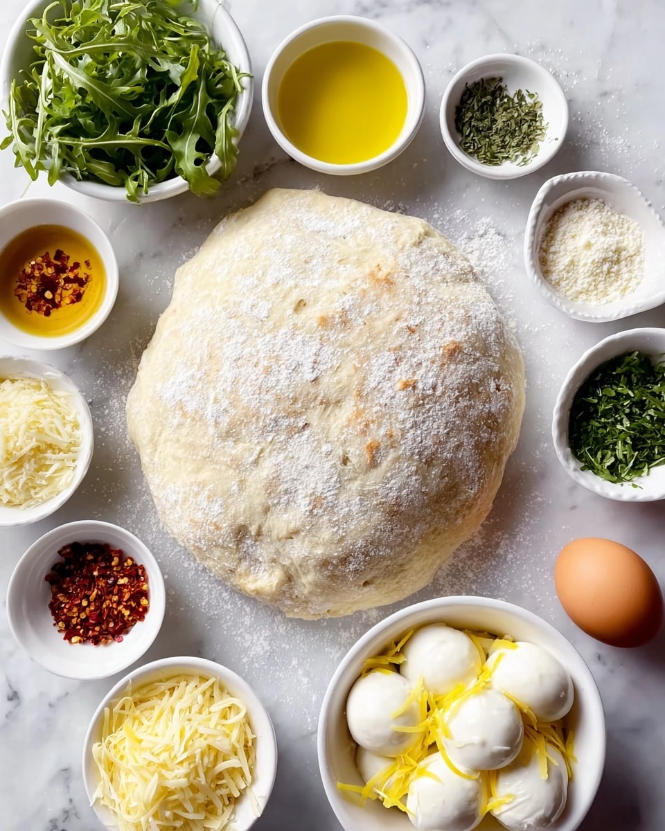 Garlic Bread Crust White Pizza with Fresh Arugula and Lemon Recipe 4 A large ball of dough dusted with white flour sits in the center on a white marbled surface, surrounded by small white bowls filled with various ingredients: fresh green arugula leaves in one bowl, golden olive oil in another, finely grated pale yellow cheese, shredded cheese, red chili flakes, white ricotta garnished with thin yellow lemon peel strips, dried green herbs, and a bowl with grated white cheese. Two brown eggs rest near the top right side. Everything is arranged neatly around the dough, making a clear and colorful display of fresh ingredients. Photo taken with an iphone --ar 4:5 --v 7