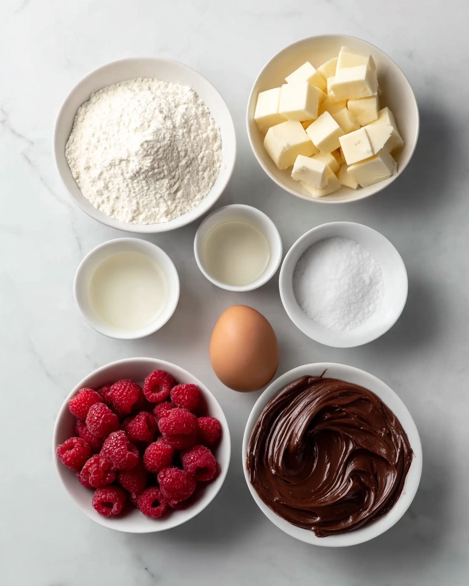 Mini Raspberry Nutella Heart Pies Recipe 4 A top view of six white bowls and an egg arranged on a white marbled surface. On the top left is a small bowl with clear liquid, next to it on the right is a small bowl of white sugar. On the top right is a medium bowl filled with cubes of pale butter. Below, in the center left, there is a large bowl filled with white flour piled high. Directly below the sugar is a solo brown egg resting on the surface. At the bottom left, a small bowl filled with fresh red raspberries. At the bottom right, another small bowl filled with dark, smooth chocolate spread with a shiny surface. Photo taken with an iphone --ar 4:5 --v 7