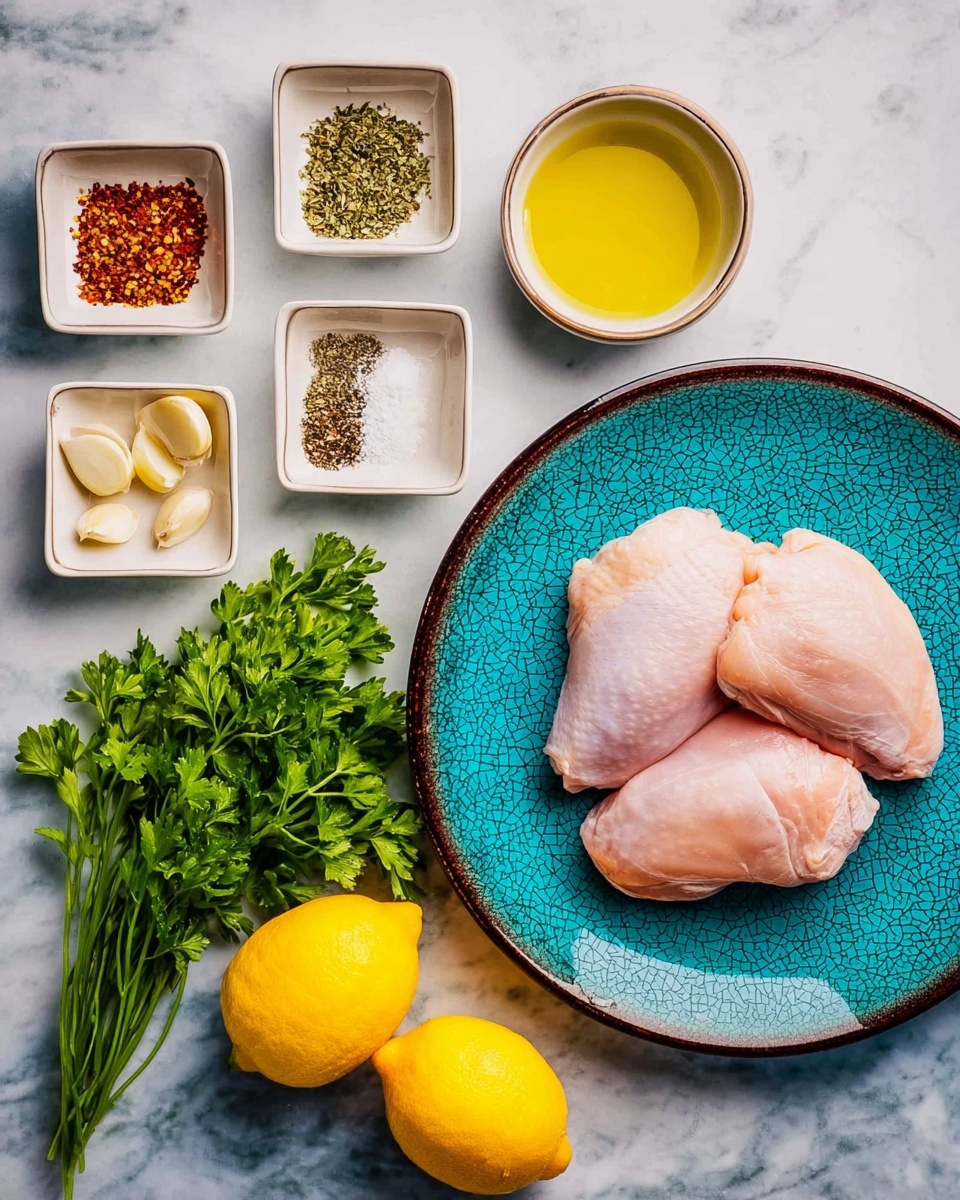 Lemon Garlic Marinade for Chicken Recipe 2 A rustic blue plate with brown edges holds four raw pale pink chicken breasts placed overlapping. Around the plate, there are five small square dishes with spices and ingredients: peeled garlic cloves in a teal dish, red pepper flakes in a white dish, yellow olive oil in a white dish, salt and black pepper mixed in a teal dish, and dried green herbs in a pale teal dish. Below the dishes, two bright yellow lemons lie next to a bunch of fresh green parsley. All items are on a white marbled surface. photo taken with an iphone --ar 4:5 --v 7