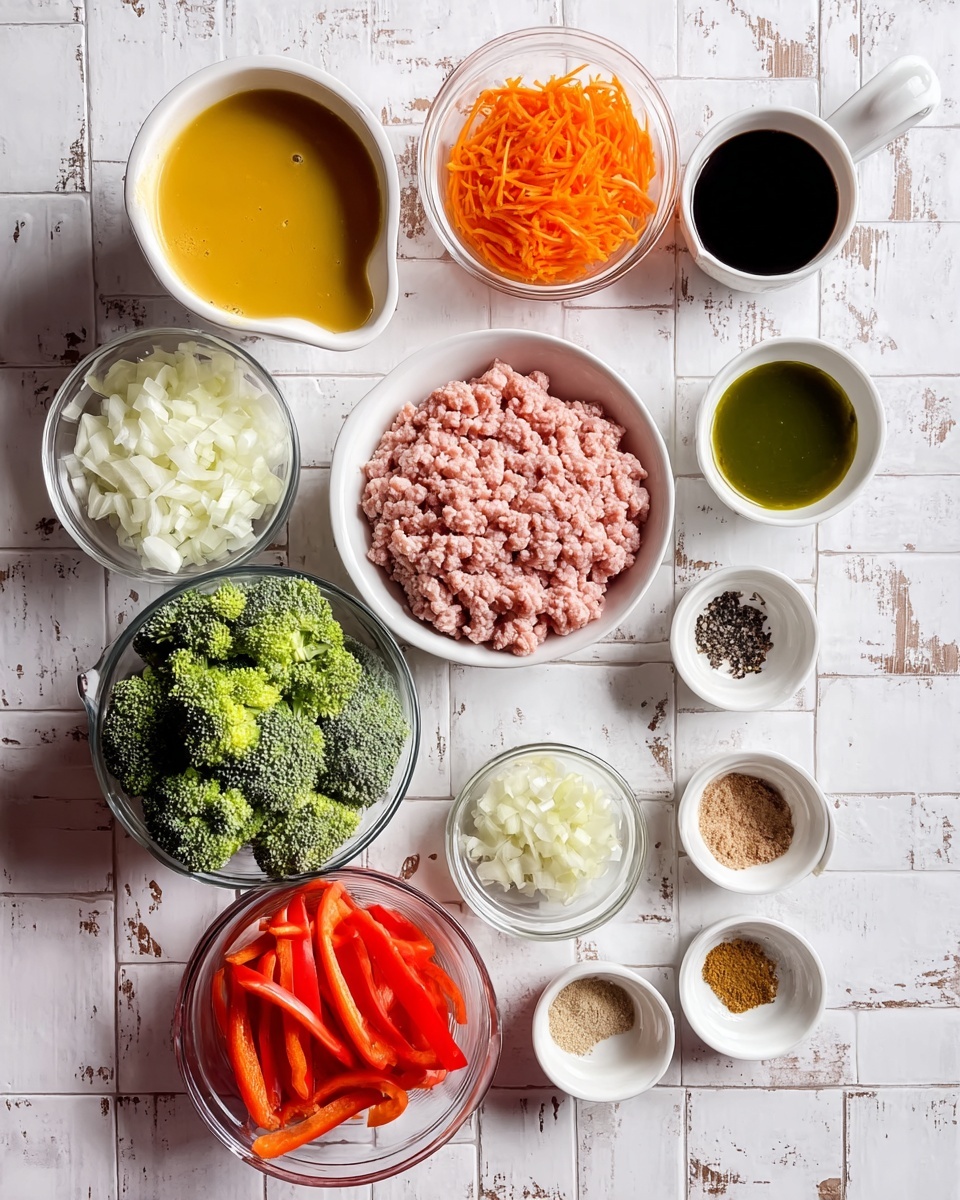 20-Minute Ground Turkey Teriyaki Stir Fry Recipe 2 A top-down view shows various cooking ingredients arranged neatly on a white marbled tiled surface with subtle floral patterns. In the center-right is a white bowl filled with pale pink ground meat, next to it on the bottom right is a glass bowl full of bright green broccoli florets. Above the broccoli is a small white bowl with white powder, while to the left of the broccoli is a small white bowl with minced pale yellow garlic. Above the garlic is a small white bowl filled with a brown liquid sauce. Next to this sauce on the left is a glass bowl containing bright orange carrot strips, and above it slightly to the right is another glass bowl filled with shredded bright orange carrots. Above the carrots, in the top right part of the image, is a small white bowl with yellow olive oil. To the left of the olive oil is a small white bowl filled with very dark soy sauce. Next to this is a white bowl holding a grainy yellow sauce. In the middle of the image near the center is a clear bowl full of diced white onions. Below the onions is a small white bowl containing a yellowish powder, and next to it on the left is another small white bowl with light yellow vinegar. The whole composition is colorful and well-organized. Photo taken with an iphone --ar 4:5 --v 7
