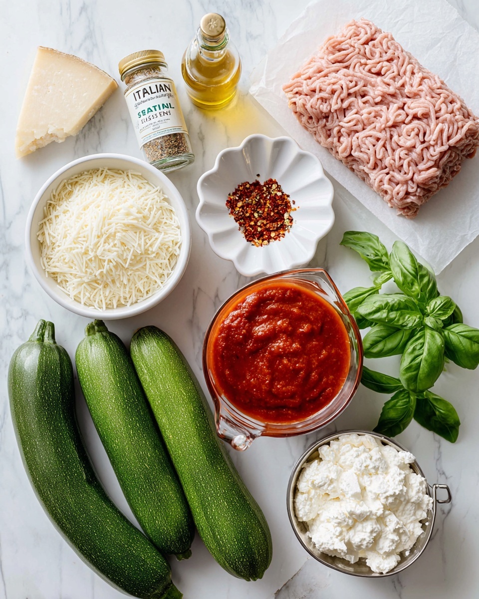 Zucchini & Ground Turkey Skillet with Ricotta Recipe 2 The image shows a white marbled surface with fresh ingredients arranged neatly for a meal. There are three whole dark green zucchinis placed near the right side, and a bunch of bright green basil leaves at the bottom right. A clear glass jug filled with thick, red tomato sauce sits centrally, near the zucchinis. Above the sauce is a small white dish holding coarse salt. At the top right, there is a garlic bulb with several garlic cloves scattered nearby. A glass bottle of golden olive oil stands near the garlic. A small white scallop dish with red chili flakes is placed near the center. Above it is a glass bottle labeled
