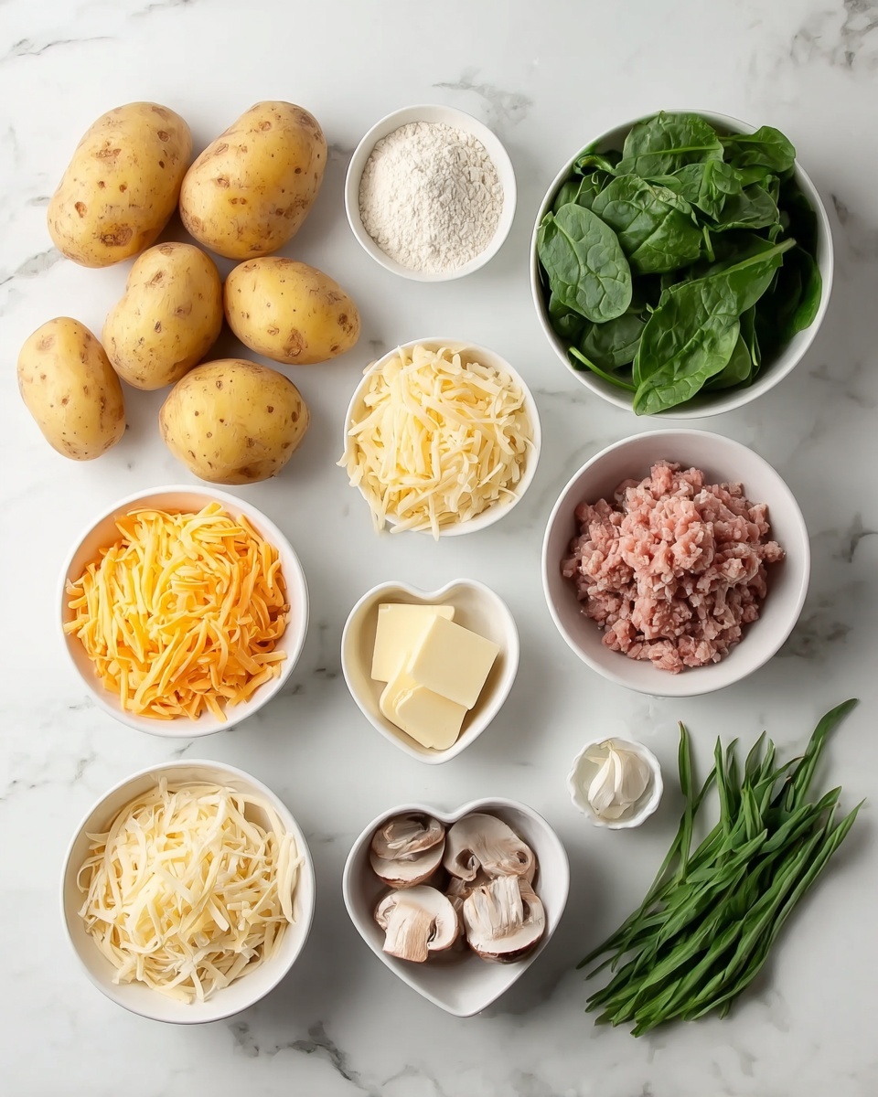 Stuffed Mashed Potato Nests Recipe 2 Nine whole light brown potatoes with small spots are placed on a white marbled surface in the top left. To the right are nine small white bowls containing different ingredients: shredded light cream chicken, fresh dark green spinach leaves, shredded bright orange cheese, shredded white cheese, white flour, raw light pink ground meat, cubed pale yellow butter, three small white and brown sliced mushrooms, and a bowl of dark green dried herbs. Two fresh green herb sprigs lie next to the spinach bowl on the right side. The arrangement is neat, and the lighting is soft and natural. Photo taken with an iphone --ar 4:5 --v 7