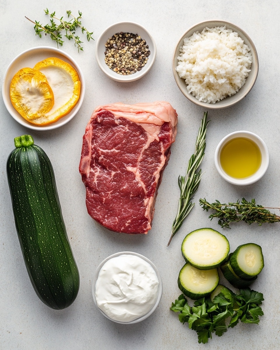 Grilled Steak Bowl with Herb Sauce and Grilled Zucchini Recipe 2 A bowl with a base layer of white rice showing individual grains, topped with grilled zucchini slices that are green with dark grill marks and some herbs sprinkled on top, next to sliced grilled steak that is pink in the middle and has a seared brown crust. The steak is covered with a creamy white sauce with green herb flecks, and some chopped green herbs are sprinkled over the sauce. The bowl is white and placed on a white marbled surface. photo taken with an iphone --ar 4:5 --v 7