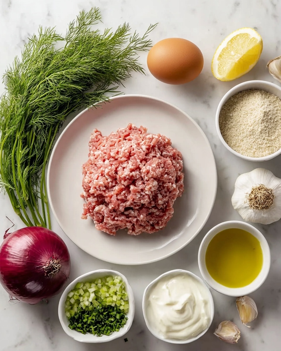 Greek Chicken Meatballs with Tzatziki Sauce Recipe 2 The image shows a white plate with a large pile of pink ground meat with white fat mixed in the center. To the left of the plate is a bright bunch of fresh green dill and a whole deep purple onion. Surrounding the plate are small white bowls containing finely chopped white onions, pale yellow breadcrumbs, thick white yogurt, and a small white pitcher of golden olive oil. Below the plate sits half a bright yellow lemon, a whole garlic bulb with a few peeled cloves nearby, and a small bowl of mixed dried herbs. At the top right is a single brown egg resting on a piece of paper, all placed on a white marbled surface. Photo taken with an iphone --ar 4:5 --v 7