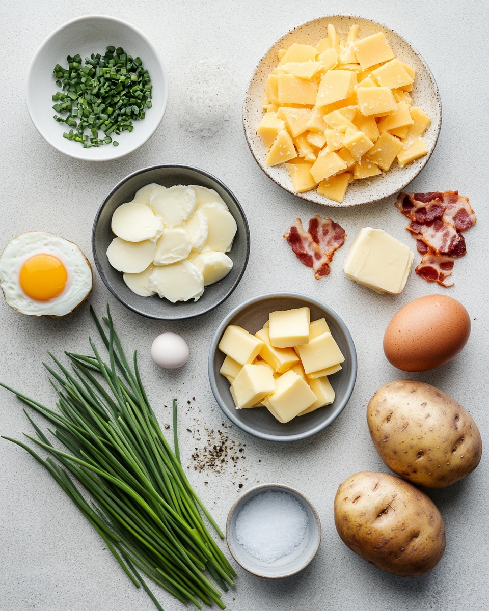 Twice Baked Breakfast Potatoes with Bacon, Egg, and Cheddar Recipe 2 The image shows four baked potato halves on a white marbled surface, each layered with creamy mashed potato as the base. On top of this is a layer of melted orange cheddar cheese spread unevenly around the edges, with small pieces of crispy bacon placed near the center. In the middle of each potato half sits a perfectly cooked sunny-side-up egg with a bright yellow yolk and white edges, sprinkled with black pepper. To the side, there is a small brown bowl filled with coarse salt and a white bowl with black pepper. The photo taken with an iphone --ar 4:5 --v 7