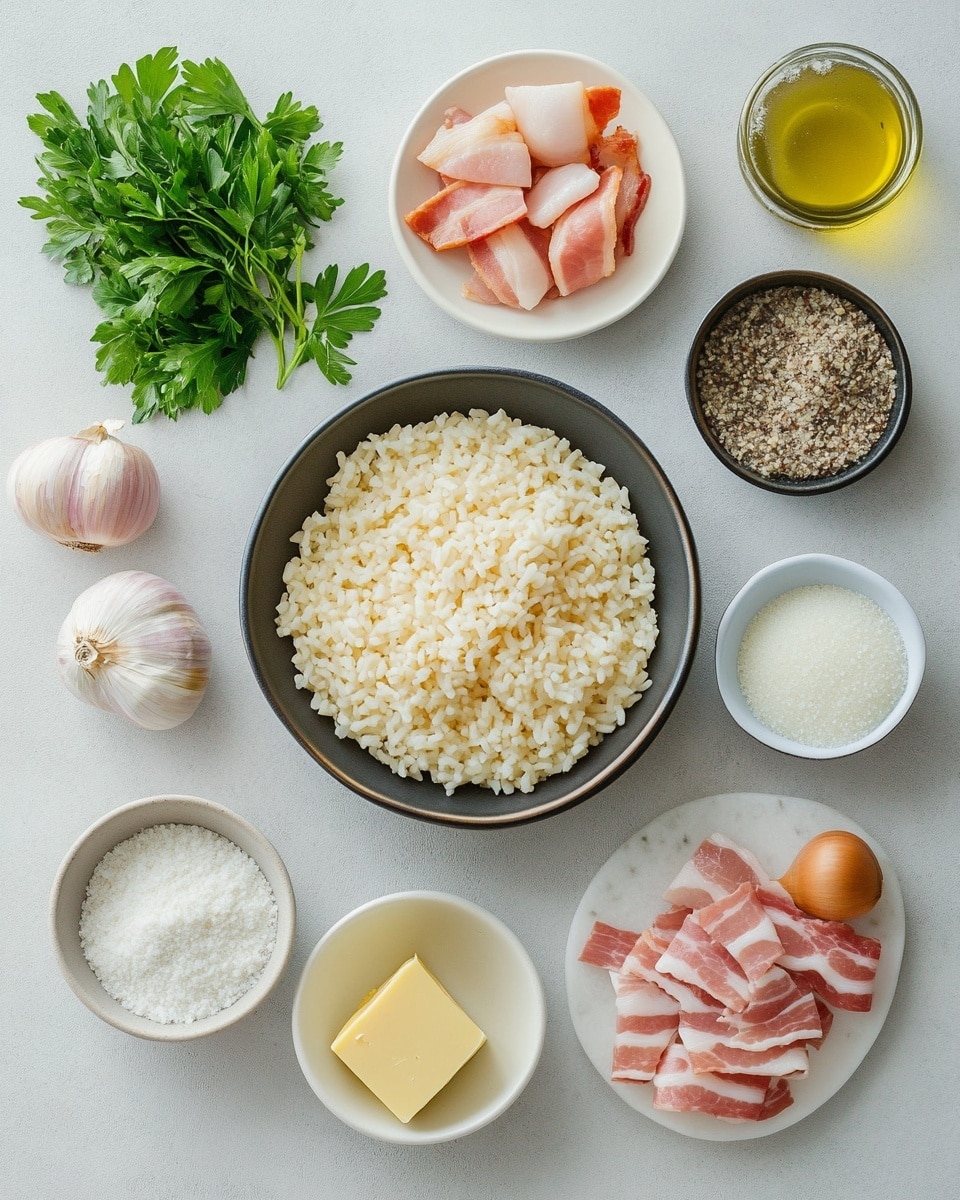 Bacon Risotto Recipe 2 A close-up of a creamy risotto dish served on a white plate with delicate floral patterns around the edges. The risotto shows a mix of soft, shiny, pale yellow rice grains layered with small pieces of light brown cooked meat. Bright green fresh parsley leaves are scattered on top, adding a fresh contrast, and there is a sprinkling of grated white cheese over the surface. A shiny silver fork is partially inserted, lifting some risotto and cheese. The background is a white marbled texture photo taken with an iphone --ar 4:5 --v 7