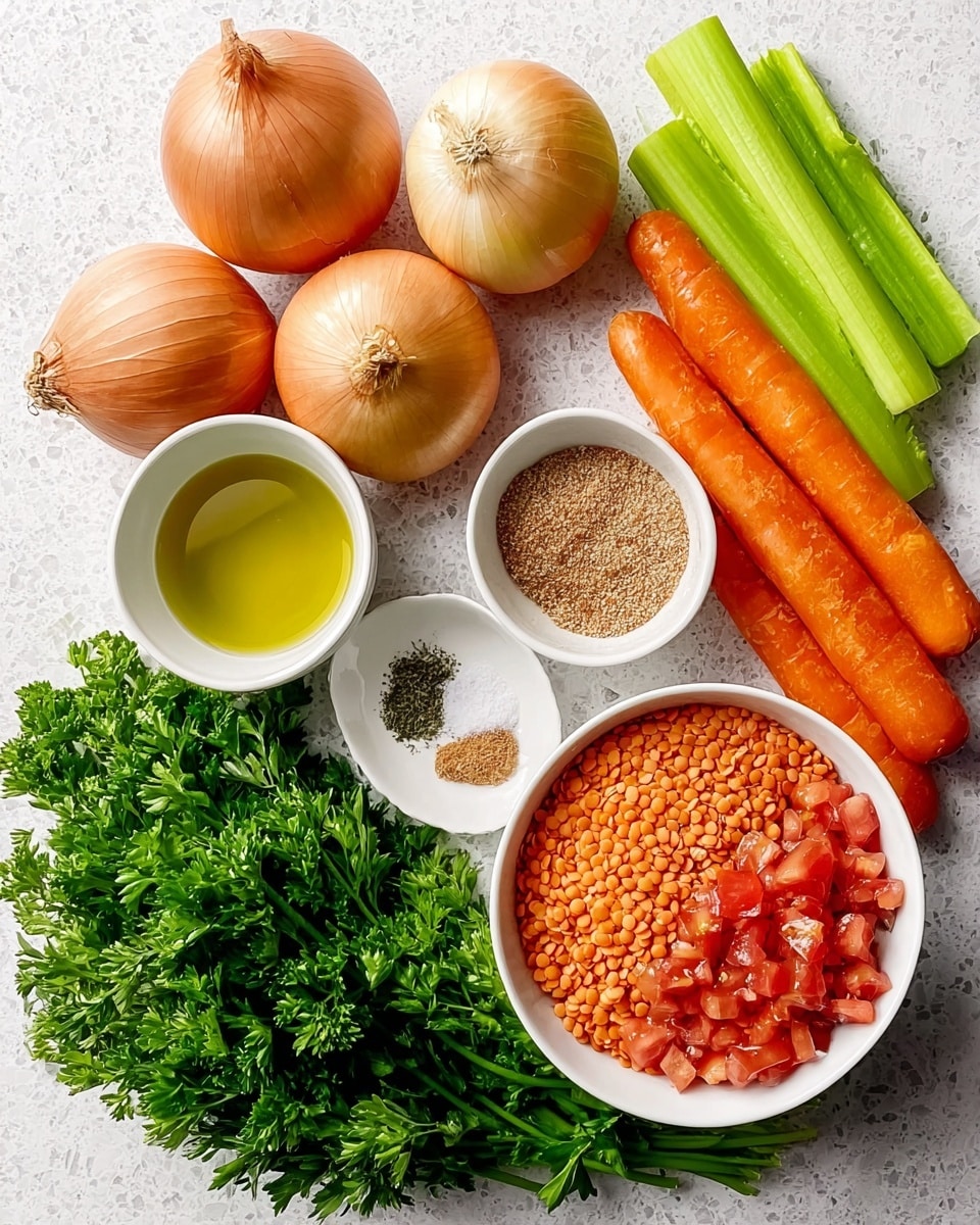 Hearty Red Lentil Soup Recipe 2 The image shows a neat arrangement of fresh cooking ingredients on a white marbled texture. At the top left, there are three whole light brown onions, next to a small white bowl filled with yellow oil. Below the oil, two smaller white bowls hold spices—one with a mix of black and white pepper and the other with a brown powder. In the middle, a larger white bowl contains orange lentils with a smooth, dry texture. To the right of the lentils, another white bowl is filled with diced tomatoes, which have a shiny and juicy look with light pink and red pieces. On the far right, there are several whole bright orange carrots and a bunch of fresh, green celery stalks standing upright. At the bottom left, fresh green parsley leaves add a vibrant touch. The composition balances different shapes and colors evenly, creating a fresh and natural feel. photo taken with an iphone --ar 4:5 --v 7