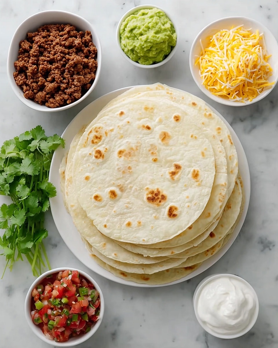 Beef and Bean Sheet Pan Quesadilla Recipe 2 A white plate holds a stack of about seven soft flour tortillas with light brown spots, arranged in the center on a white marbled surface. Around the plate, there are five small white bowls placed in a loose circle: one with cooked ground beef that has a crumbly texture and dark brown color, one with creamy light green guacamole that looks smooth but slightly chunky, one with shredded yellow and white cheese, one with fresh pico de gallo made of red tomato pieces, green peppers, and white onions, and one with smooth white sour cream. A small bunch of fresh green cilantro lies near the bottom right of the plate. Photo taken with an iphone --ar 4:5 --v 7