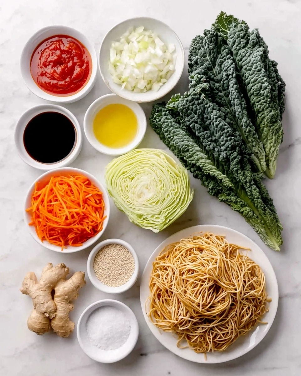 Cabbage Ramen Stir Fry with Sesame and Sweet Chili Sauce Recipe 2 The image shows a white plate full of a pile of thin yellow noodles at the bottom right. Above the noodles to the right is a white bowl filled with small white chunks. To the top right of the white bowl are several large dark green textured kale leaves laid out flat. To the top left of the kale are two halves of light green cabbage with fine layers visible inside. To the left of the light green cabbage is a white bowl filled with shredded orange carrots. Below the carrot bowl is a white bowl with light beige powder. Next to that are several small round white seeds in a white bowl. Above those bowls is a white bowl of golden yellow liquid, likely oil. Right of the yellow liquid is a white bowl with bright red sauce. Below that is a white bowl filled with dark brown liquid, likely soy sauce. Bottom left corner shows a piece of fresh ginger root. All items are placed on a white marbled surface photo taken with an iphone --ar 4:5 --v 7