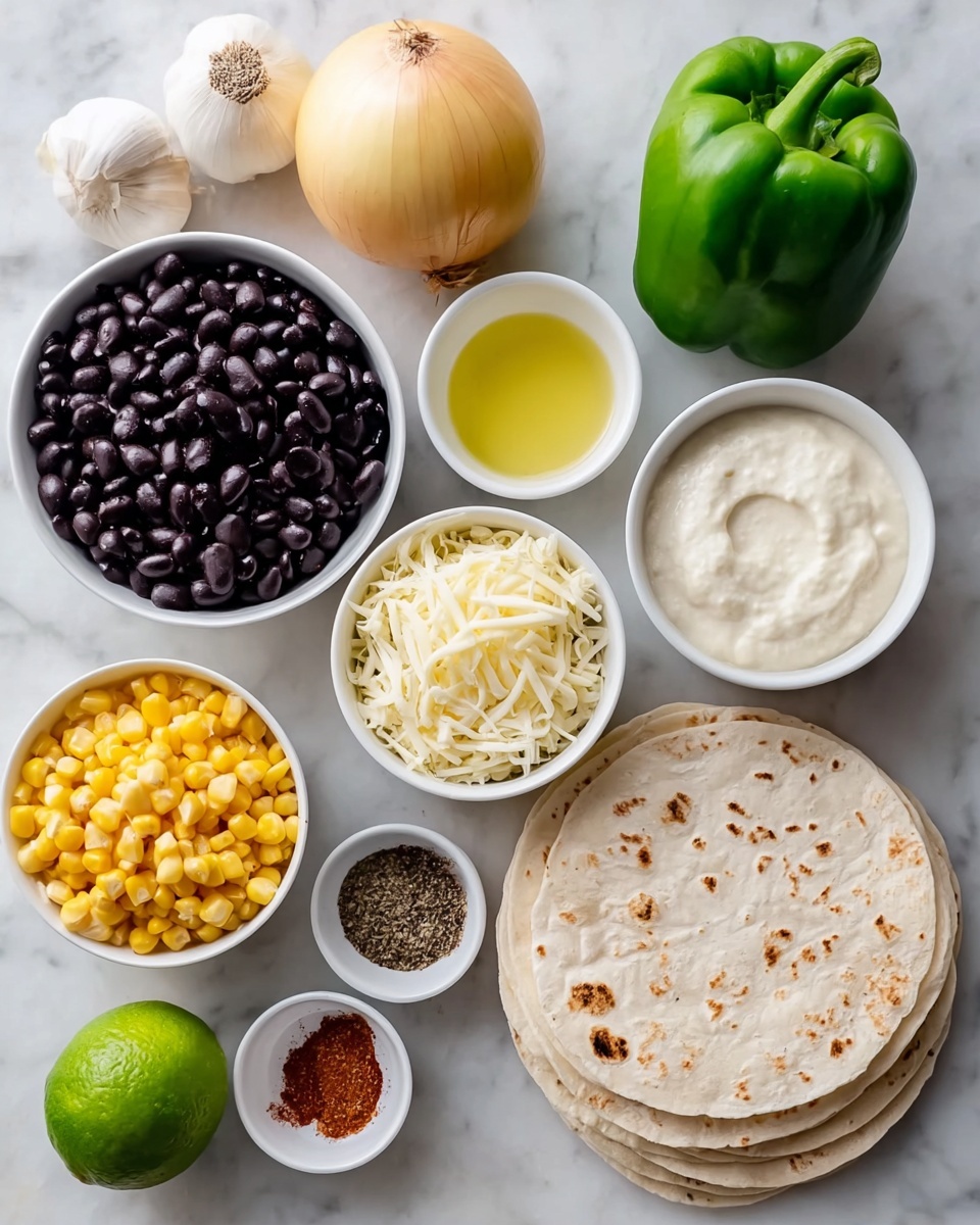 Vegetarian Enchiladas with Black Beans and Corn Recipe 2 The image shows a white marbled surface with several white bowls and a small stack of light tortilla wraps. From left to right, there is a large white bowl filled with dark black beans, a similarly sized bowl containing bright yellow corn kernels, and a medium white bowl holding shredded pale cheese. Behind these, there is a whole light brown onion, two white garlic bulbs, and a whole bright green bell pepper. In front of the green pepper is a white bowl filled with creamy white sour cream, next to a small white cup containing golden olive oil and half a sliced lime showing its light green interior. There is also a small white bowl filled with three types of spices: reddish, black, and white. photo taken with an iphone --ar 4:5 --v 7