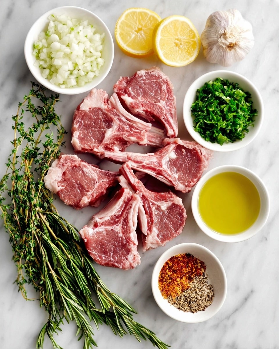 Mediterranean Lamb Chops with Fresh Herb Sauce Recipe 2 The image shows six raw lamb chops arranged in a flower-like shape on a white marbled surface, their pink and red meat with white fat marbling clearly visible. To the top left are two white bowls, one filled with finely chopped white onions and the other with chopped green parsley. To the right, there is a white bowl with golden olive oil. Fresh sprigs of green rosemary and thyme lay diagonally next to the lamb chops. At the bottom right, two lemon halves show their fresh yellow interior, and beside them, a small white bowl holds mixed spices with ground black pepper and reddish chili powder. A whole garlic bulb rests near the parsley bowl. Photo taken with an iphone --ar 4:5 --v 7