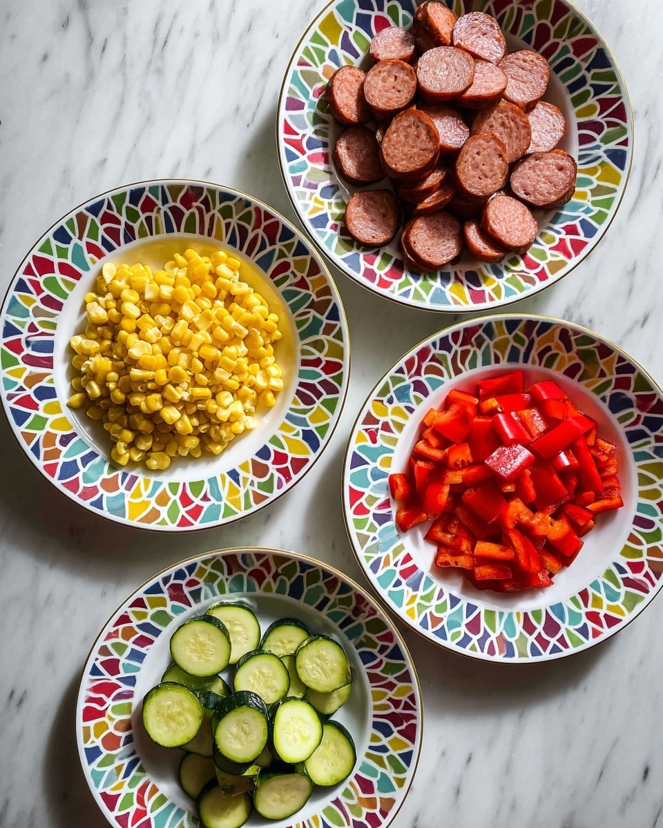 Sausage and Veggies Skillet - 30 Minute One-Pan Meal Recipe 2 A round pan filled with four colorful layers of cooked food arranged side by side: dark brown round sausage slices with a shiny glaze and chopped green herbs on top on the left, bright yellow corn kernels sprinkled with green herbs on the top right, small pieces of red bell peppers with green herbs on the bottom right, and grilled zucchini slices with light brown grill marks and a green outer edge on the bottom left. The pan is black, and the background has a white marbled texture photo taken with an iphone --ar 4:5 --v 7