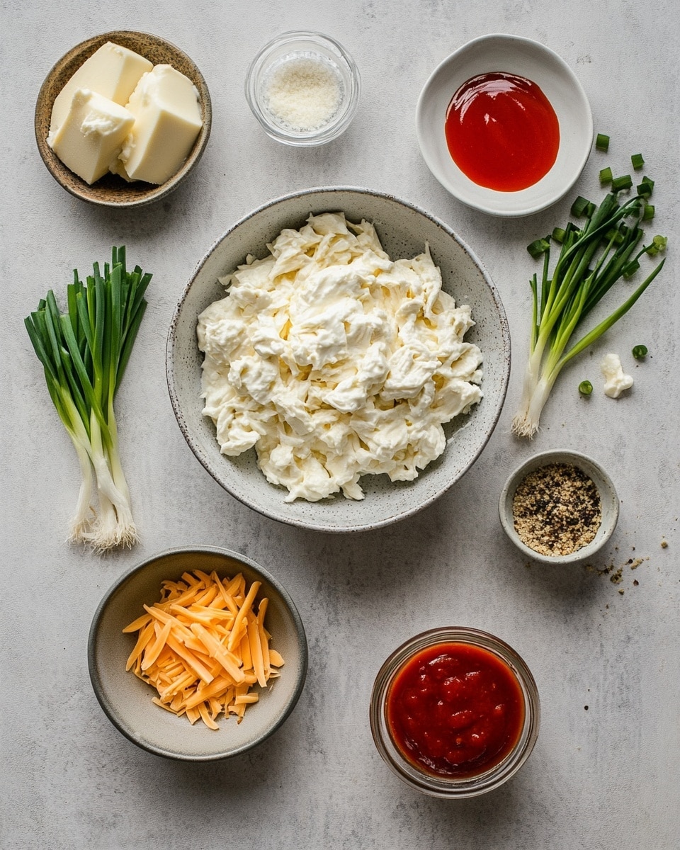 Buffalo Chicken Dip Recipe 2 A white oval ceramic dish filled with a baked dip that has a golden brown, slightly bubbly and melted cheese top layer, sprinkled with small chopped green onions. The dip looks creamy with a textured surface showing some browned spots and slight bubbling. Around the dish, there are scattered yellow and dark purple corn tortilla chips on a dark surface, which should be imagined as a white marbled texture. photo taken with an iphone --ar 4:5 --v 7