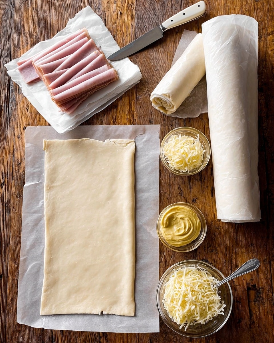 Crispy Ham & Cheese Puff Pastry Stacks Recipe 2 The image shows a cooking setup with a thin rectangular sheet of light beige dough laid out on white parchment paper on a wooden surface. To the left, there are two rolled-up sheets of similar dough wrapped in parchment paper. Above, on the top left, there is a small white dish lined with white parchment paper holding several slices of pinkish deli meat. On the top right, a small clear glass bowl filled with pale yellow mustard has a black spoon resting in it, and next to it is another small clear glass bowl filled with shredded white cheese. A white-handled knife rests nearby on the wooden surface. The background is a white marbled texture. Photo taken with an iphone --ar 4:5 --v 7