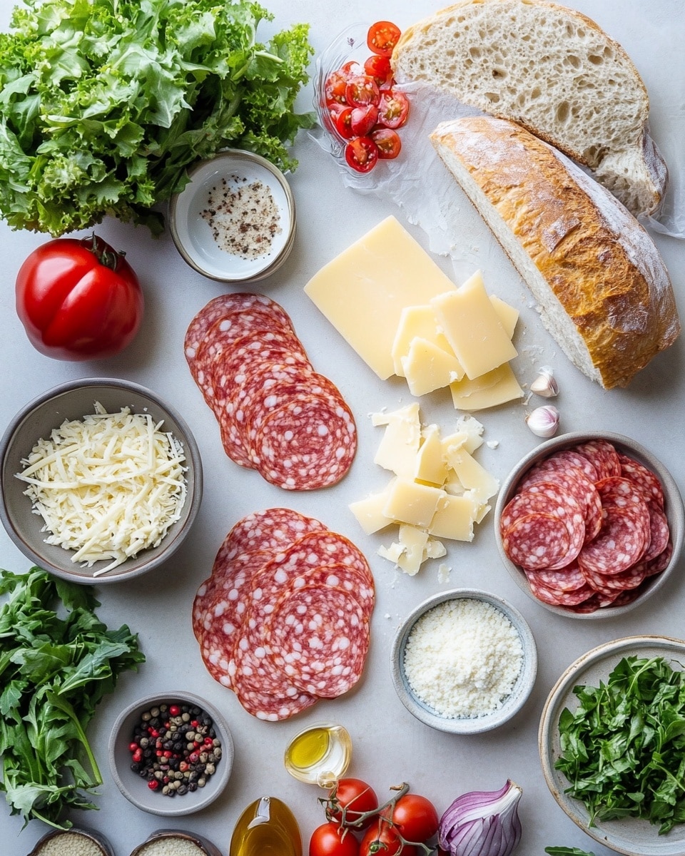 Italian Grinder Sub Recipe 2 A sandwich on a sesame seed hoagie roll is shown resting on a wooden board over a white marbled surface. The sandwich has five visible layers: the bottom layer is folded slices of pink salami with darker edges, followed by a layer of folded light pink turkey slices. Above the meats, there is a thick layer of melted white cheese that looks soft and creamy. On top of the cheese is a mix of finely shredded green lettuce and thin slices of red onion. The last layer contains bright red round tomato slices placed evenly below the top bun. Photo taken with an iphone --ar 4:5 --v 7