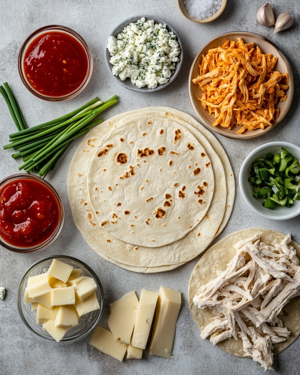 Easy Buffalo Chicken Roll-Ups Recipe 2 A white plate filled with multiple pinwheel wraps cut into thick, round slices and stacked neatly in a small pile. Each wrap shows a soft, light beige outer layer with an orange creamy filling swirled inside, speckled with small green bits of herbs or green onions. The pinwheels are garnished with some scattered chopped green onions on top and around the plate. The background shows a texture resembling white marble, with a bamboo cutting board holding extra chopped green onions in the top left corner, and a clear brown glass bottle placed on the right side. Photo taken with an iphone --ar 4:5 --v 7