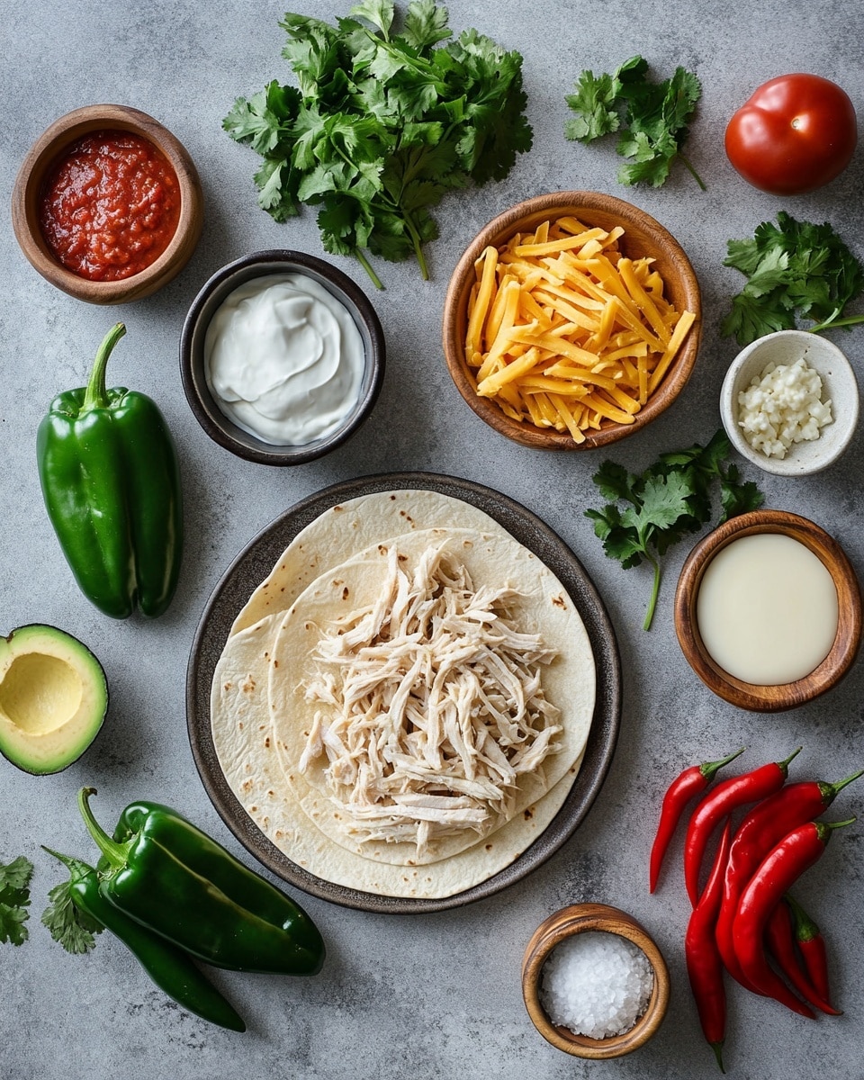 Creamy White Chicken Poblano Enchiladas Recipe 2 A white baking dish filled with three layers of golden brown melted cheese covering rolled tortillas at the bottom layer, topped with a thick layer of fresh chopped green cilantro and slices of bright green avocado arranged in the center, drizzled with white sour cream over the top. The dish sits on a wooden surface with a fork resting on the edge and a glass of light amber drink nearby on a white marbled textured background. photo taken with an iphone --ar 4:5 --v 7