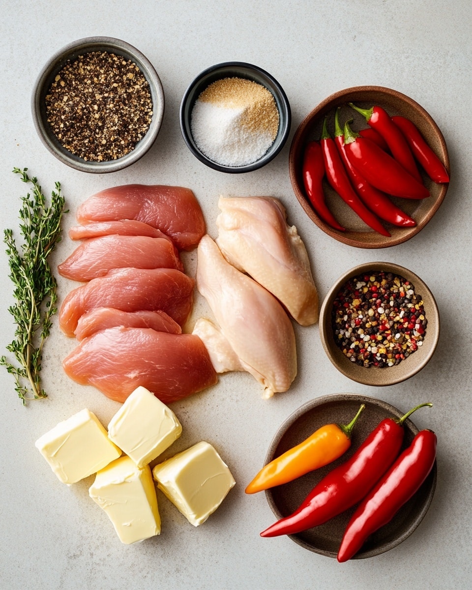 Mississippi Chicken {Easy Crockpot Recipe} Recipe 2 The image shows shredded cooked chicken mixed with whole charred yellow-green peppers inside a dark container. The chicken layers are light brown and white with visible textures of tender, moist meat, and some pieces have a slight golden-brown edge. The peppers have a shiny, slightly wrinkled surface with char marks, scattered evenly over the chicken. A thin layer of broth or sauce covers the dish, giving it a moist, glossy look. The whole scene sits on a white marbled surface. photo taken with an iphone --ar 4:5 --v 7